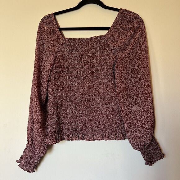 Madewell Women's M Burgundy Floral Lucie Bubble Sleeve Smocked Top Blouse - Picture 5 of 5